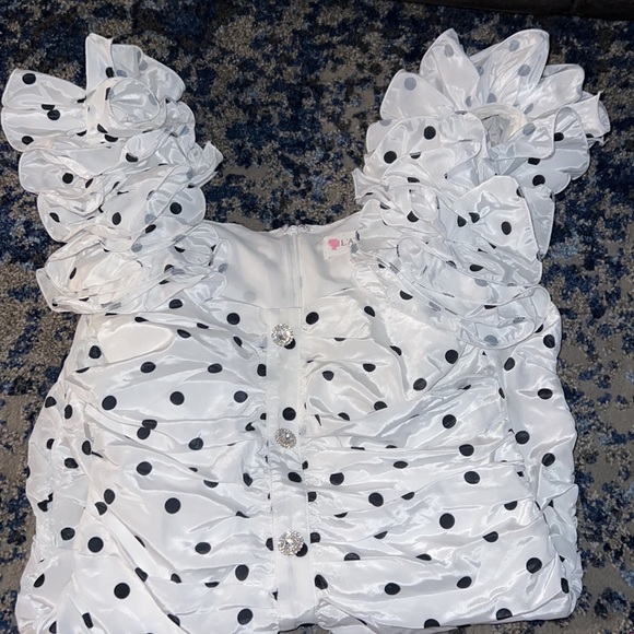 Polka-Dot Ruffled Ruched Silk-like Mini Dress - Picture 7 of 8